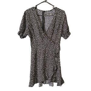 Missguided Dress Womens 2 Black Polka Dot Ruffle Hem Wrap Tea Length